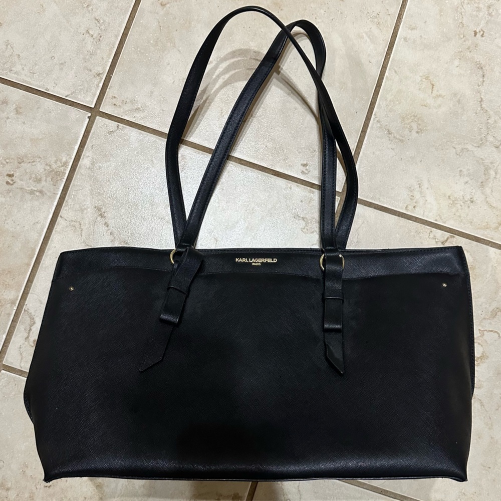 Karl Lagerfeld Paris Black Leather Tote Bag Saffiano Gold Hardware Large Handbag